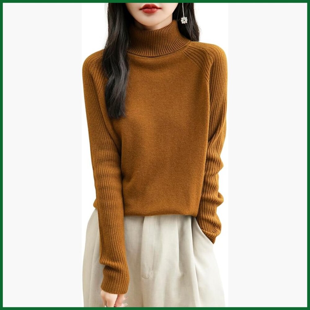 100% Merino Wool Turtleneck Sweater Raglan Long Sleeve Pullover